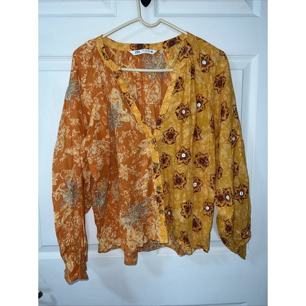 ZARA Boho Floral V-neck Button Down Orange Blouse Top Size Medium-Fall